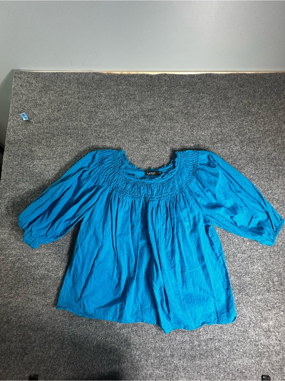 Ralph Lauren Teal Smocked Neck Peasant Blouse
